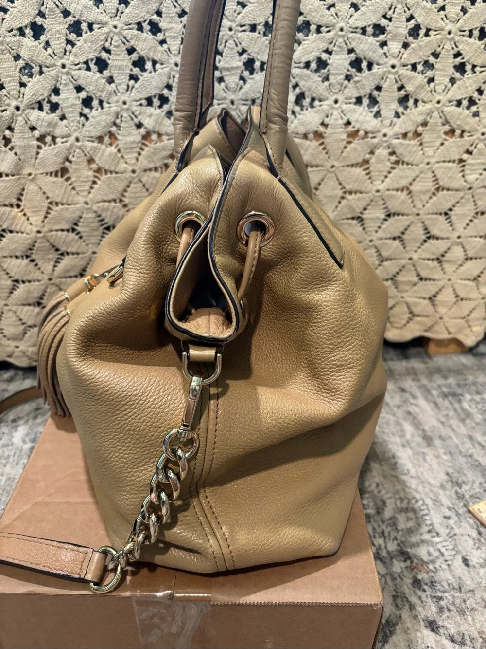 Women’s Tassel Drawstring Satchel Bag in Tan - Stylish Everyday Handbag